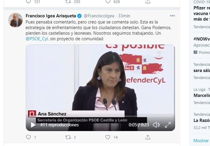 Captura del Tuit de Igea sobre las declaraciones de Ana Sánchez.