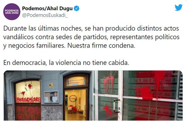 Podemos Euskadi condena el ataque al comercio de la familia de Abascal y otros actos vandálicos