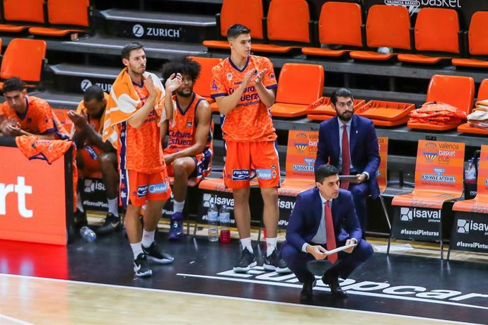 Sam Van Rossom and Jaime Pradilla of Valencia Basket celebrate during the spanish league ACB  basketball match played between Valencia Basket vs Unicaja at the Fuente de San Luiz pavilion, La Fonteta. On October, 11. 2020