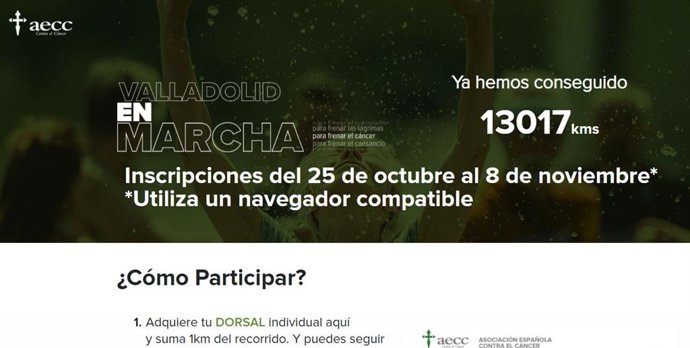 Página web para las aportaciones a la AECC con motivo de 'Valladolid en Marcha'.