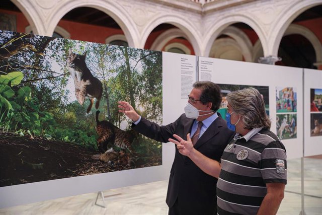El presidente de la Fundación Cajasol, Antonio Pulido (i), y el fotógrafo Antonio Pizarro (d), junto a su fotografía 'The King of Doñana',  tercer premio en la categoría de naturaleza, durante la inauguración de la exposición 'World Press Photo 2020' En S