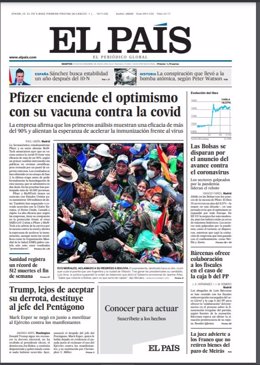 Portada del periódico 'El PAÍS' del 10 de noviembre de 2020.