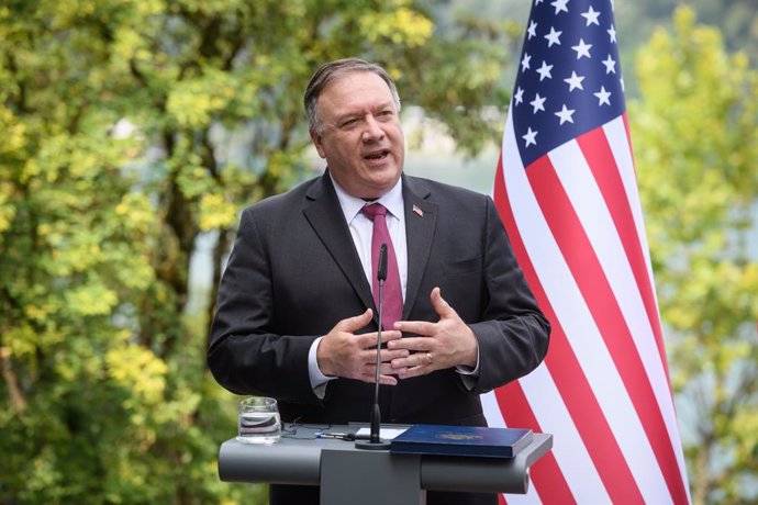13 August 2020, Slovenia, Bled: US Secretary of State Mike Pompeo speaks during a joint press conference with Slovenian Prime Minister Janez Jansa (not pictured) after their meeting. Photo: Nebojsa Tejic/STA/dpa