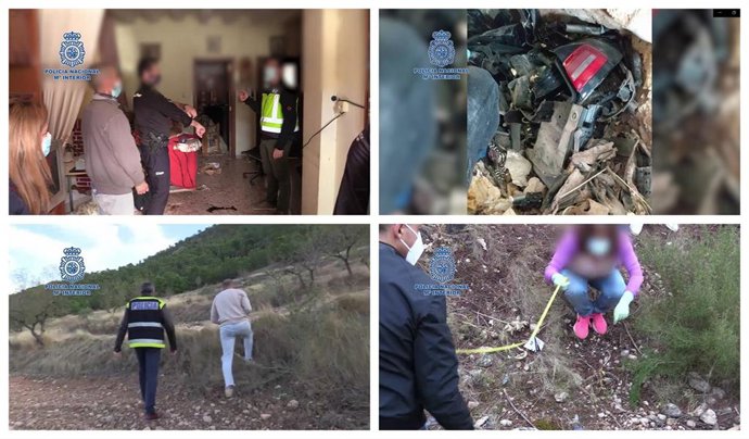 Distintas secuencias de la operación, con uno de los detenidos por el homicidio del hombre desaparecido en Moratalla en la casa en la que se emparedó el coche y el paraje en el que fue enterrado el cuerpo, en Yecla