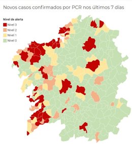 Mapa de Galicia con la incidencia de la pandemia del coronavirus por municipios, a 10 de noviembre de 2020.