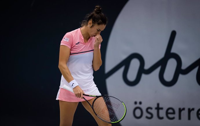 Sara Sorribes Tormo of Spain in action during the first round at the 2020 Upper Austria Ladies Linz WTA International tennis tournament against Camila Giorgi of Italy