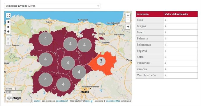 Mapa con los niveles de alerta que ofrece la Junta de Castilla y León en su portal de Datos Abiertos.