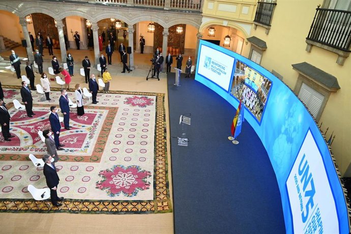 Vista general de los asistentes al acto de conmemoración del 75 aniversario de la entrada en vigor de la carta de las Naciones Unidas, en el Palacio Real de El Pardo, El Pardo, Madrid, (España), a 10 de noviembre de 2020. Durante el acto de este 75 aniv