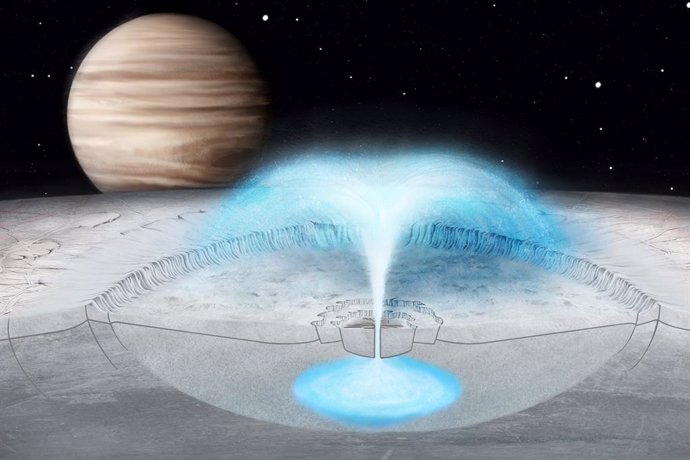La concepción de este artista de la luna helada de Júpiter, Europa, muestra una supuesta erupción criovolcánica, en la que el agua salada del interior de la capa helada irrumpe en el espacio