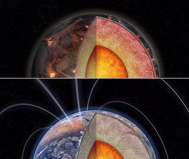 Estas ilustraciones muestran tres versiones de un planeta rocoso con diferentes cantidades de calentamiento interno de elementos radiactivos.