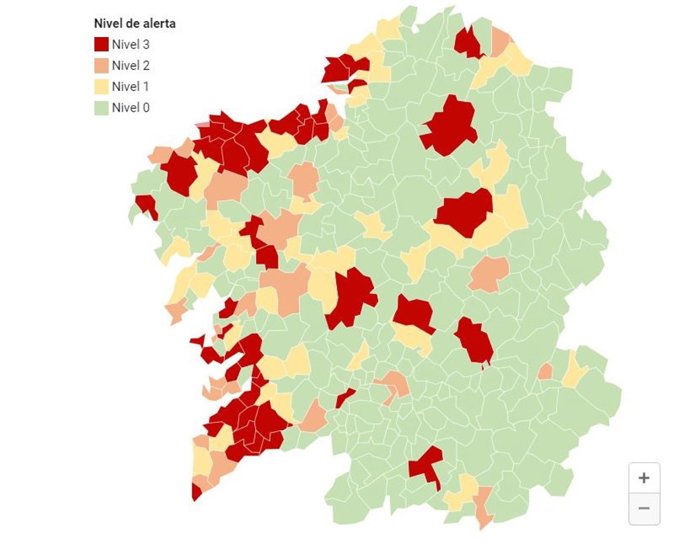 Mapa de incidencia del COVID en los últimos 7 días en Galicia, a 11 de noviembre de 2020, según los datos publicados por el Sergas.