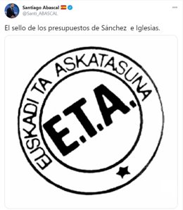 Imagen del tweet del presidente de Vox, Santiago Abascal