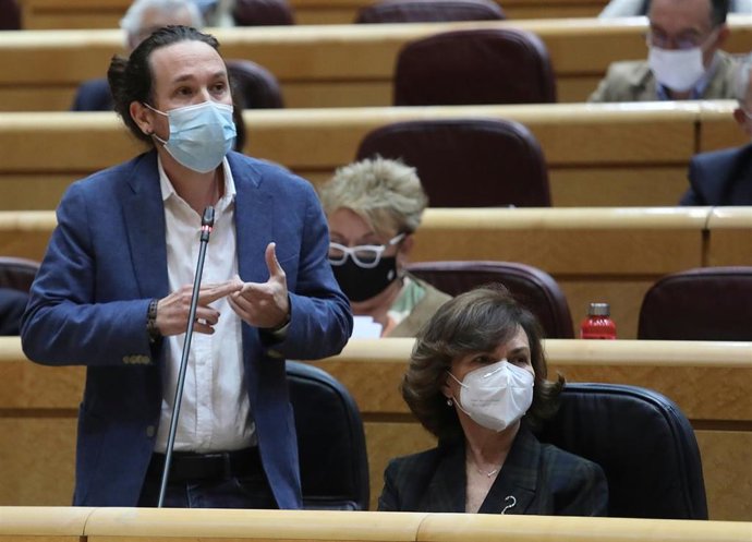 El vicepresidente de Derechos Sociales y Agenda 2030, Pablo Iglesias, interviene durante una sesión de control al Gobierno en el Senado, en Madrid (España), a 3 de noviembre de 2020. Durante el pleno de hoy, el Ejecutivo ha respondido a cuestiones relac