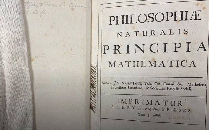 Primera página de un ejemplar de la primera edición de Principia de Newton