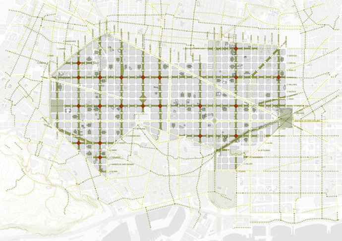 Mapa de l'Eixample amb els eixos verds i les places que es preveuen marcades. (horitzontal)