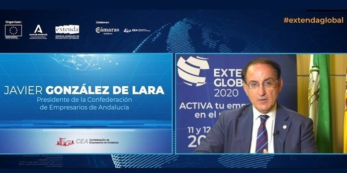 Imagen del presidente de la CEA, Javier González de Lara, durante su intervención este miércoles en Extenda Global 2020.