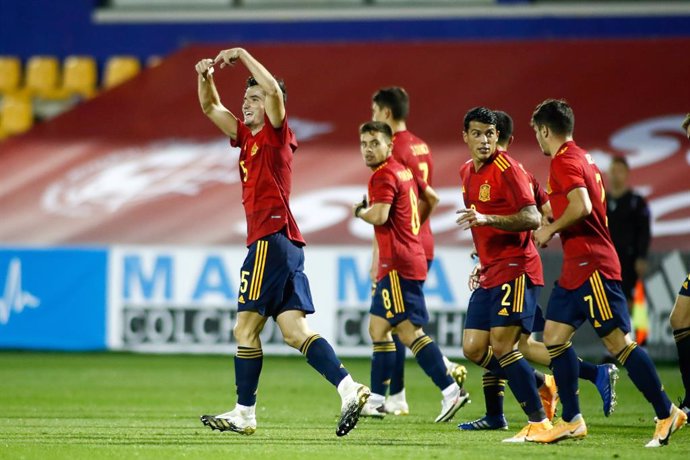 Hugo Guillamon of Spain Sub21 celebrates a goal during the UEFA Under 21 Championship football match played between Spain and Kazakhstan at Santo Domingo stadium on october 13, 2020 in Alcorcon, Madrid, Spain.