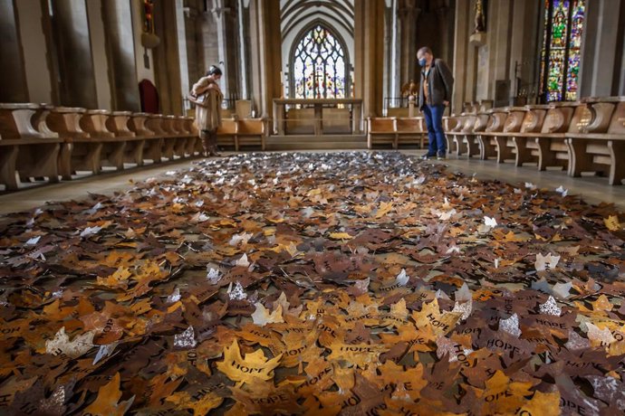 04 October 2020, England, Sheffield: People stop to view 'The Leaves of the Trees' memorial, which is created by the artist Peter Walker to honour those who have passed away during the coronavirus pandemic at Sheffield Cathedral. Photo: Danny Lawson/PA 