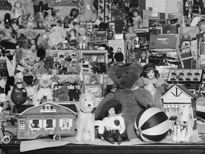A large selection of toys, donated by staff at Weldon's store in London, to be distributed among children in hospital at Christmas, December 1926