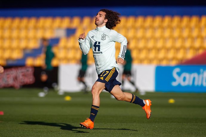 Marc Cucurella of Spain Sub21 warms up during the UEFA Under 21 Championship football match played between Spain and Kazakhstan at Santo Domingo stadium on october 13, 2020 in Alcorcon, Madrid, Spain.