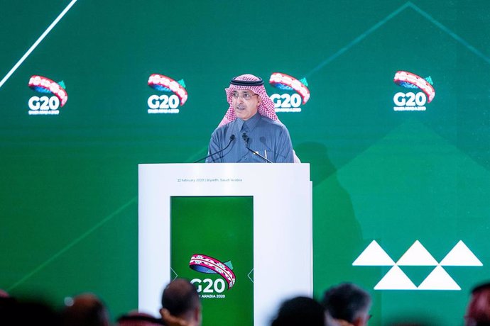 22 February 2020, Saudi Arabia, Riyadh: Saudi Finance Minister Mohammed Al-Jadaan speaks during the G20 finance ministers and central bank governors meeting. Photo: -/Saudi Press Agency/dpa