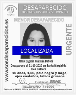 Cartel de SOS Desaparecidos tras localizar a la joven que desapareció en Santa Margalida.