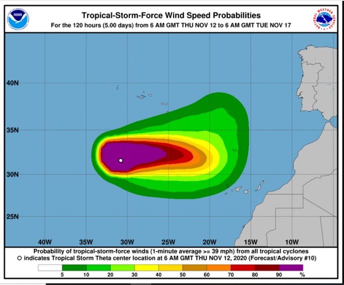 Trayectoria de la tormenta tropical 'Theta' que se dirige hacia el este y podrá afectar a Canarias.