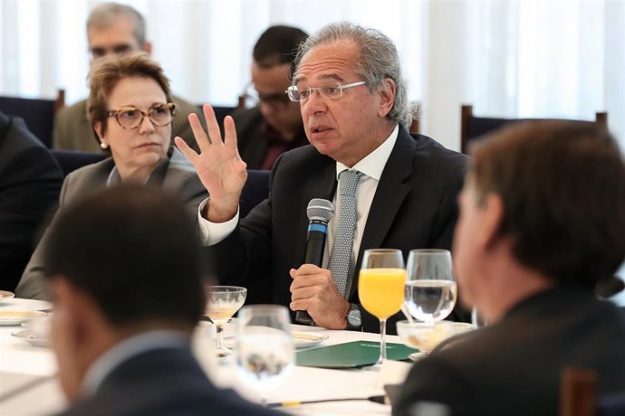 12 May 2020, Brazil, Brasilia: Brazil's Minister of Economy Paulo Guedes speaks during a cabinet meeting. Photo: Marcos Correa/Palacio Planalto/dpa - ATTENTION: editorial use only and only if the credit mentioned above is referenced in full