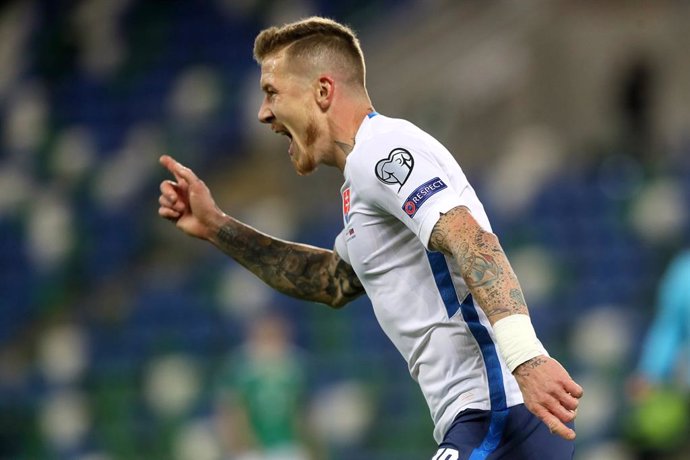 12 November 2020, Northern Ireland, Belfast: Slovakia's Juraj Kucka celebrates scoring his side's first goal during the UEFA Euro 2020 Qualifying Play-off Finals soccer match between Northern Ireland and Slovakia at Windsor Park. Photo: Brian Lawless/PA