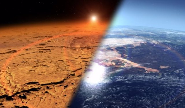 El concepto de este artista representa el entorno marciano temprano (derecha), que se cree que contiene agua líquida y una atmósfera más espesa, frente al ambiente frío y seco que se ve en Marte hoy (izquierda).