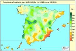 Las lluvias acumuladas entre el 1 de octubre y el 12 de noviembre superan en un 9 por ciento el valor medio normal, según la AEMET.