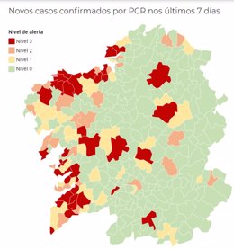 Mapa de Galicia con la incidencia de la pandemia del coronavirus por municipios, a 13 de noviembre de 2020.