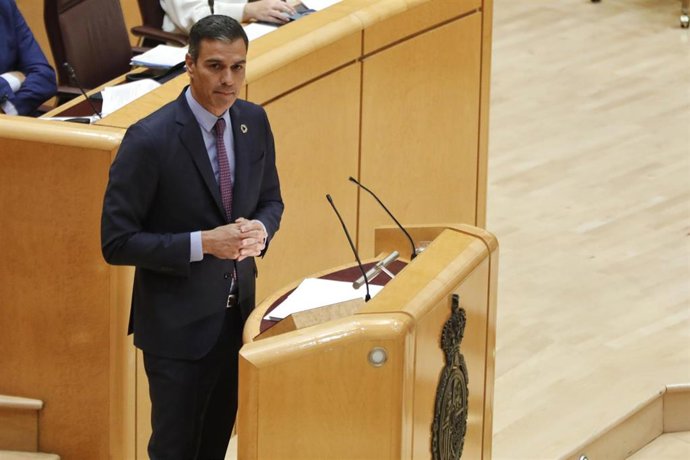 El presidente del Gobierno, Pedro Sánchez, comparece ante el Pleno del Senado, tras el parón estival, en Madrid (España), a 8 de septiembre de 2020. 