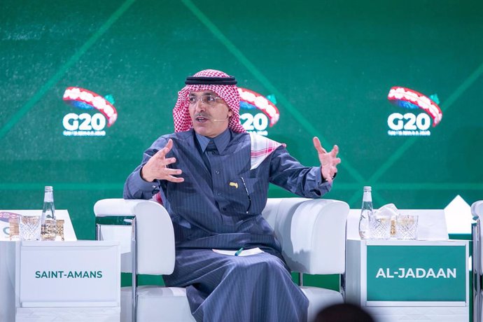 22 February 2020, Saudi Arabia, Riyadh: Saudi Finance Minister Mohammed Al-Jadaan speaks during the G20 finance ministers and central bank governors meeting. Photo: -/Saudi Press Agency/dpa