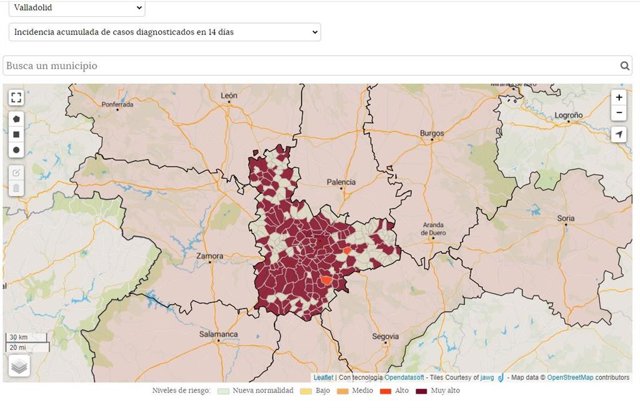 Mapa interactivo con los datos de indicadores de riesgo por el coronavirus en los municipios de la Comunidad (en resaltado, los de Valladolid).
