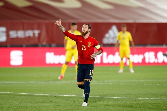 Sergio Ramos of Spain celebrates a goal during the Nations League football match played between Spain and Ukraine at Alfredo Di Stefano stadium on september 06, 2020 in Valdebebas, Madrid, Spain.