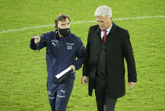 Coach of Switzerland Vladimir Petkovic and his assistant coach Antonio Manicone (left) during the international friendly football match between Belgium and Switzerland on November 11, 2020 at King Power at Den Dreef Stadion in Leuven, Louvain, Belgium -