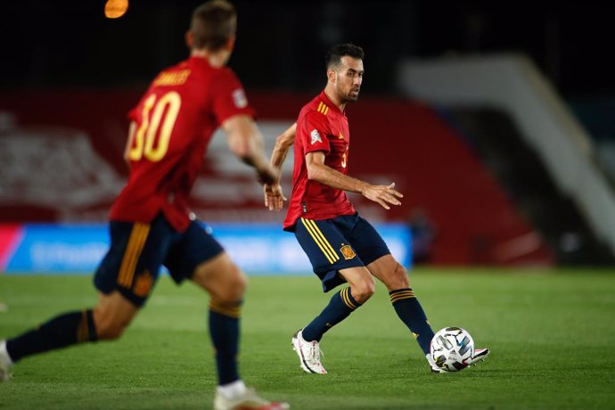 Sergio Busquets of Spain in action during the UEFA Nations League football match played between Spain and Switzerland at Alfredo Di Stefano stadium on october 10, 2020 in Valdebebas, Madrid, Spain.