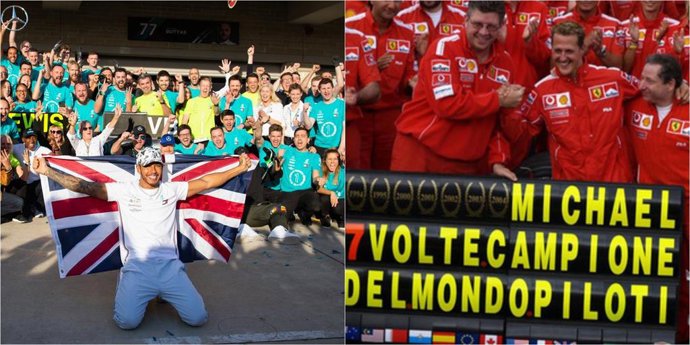 Lewis Hamilton y Michael Schumacher celebrando sus títulos