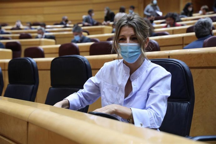 La ministra de Trabajo, Yolanda Díaz, en una sesión de control al Gobierno en el Senado