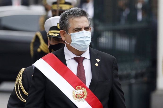 10 November 2020, Peru, Lima: President of Congress Manuel Merino (C)walks outside the Congress building after being sworn-in as Peru's new president, replacing Martin Vizcarra who was removed by lawmakers. Photo: Mariana Bazo/ZUMA Wire/dpa