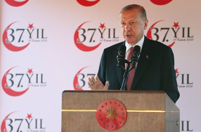HANDOUT - 15 November 2020, Nort Cyprus, North Nicosia: Turkish President Recep Tayyip Erdogan speaks during a ceremony to mark the 1983 declaration of the Turkish Republic of Northern Cyprus. Photo: -/Turkish Presidency/dpa - ATTENTION: editorial use o
