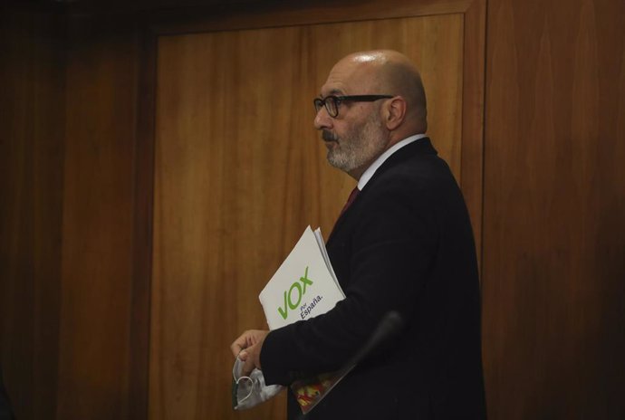 El portavoz parlamentario de Vox en Andalucía, Alejandro Hernández, tras una rueda de prensa sobre la enmienda a la totalidad de su grupo al proyecto de Ley de Presupuestos de la Comunidad para 2021. En Sevill, a 13 de noviembre de 2020.