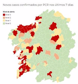 Mapa de Galicia con la incidencia del coronavirus por municipios, a lunes 16 de noviembre de 2020.