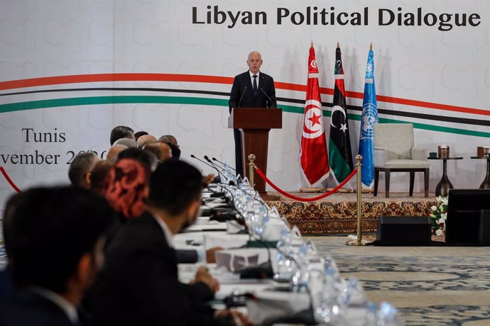 09 November 2020, Tunisia, Tunis: Tunisian President Kais Saied speaks at the opening of the UN-brokered Libyan Political Dialogue Forum. Photo: Khaled Nasraoui/dpa