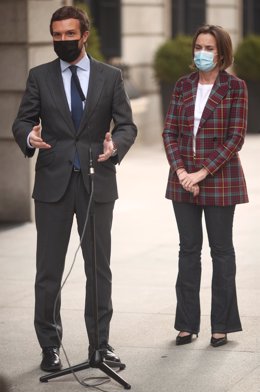 El líder del PP, Pablo Casado, responde a los medios en las inmediaciones del Congreso de los Diputados tras la segunda jornada del debate de los Presupuestos Generales para 2021, en Madrid (España), a 12 de noviembre de 2020.