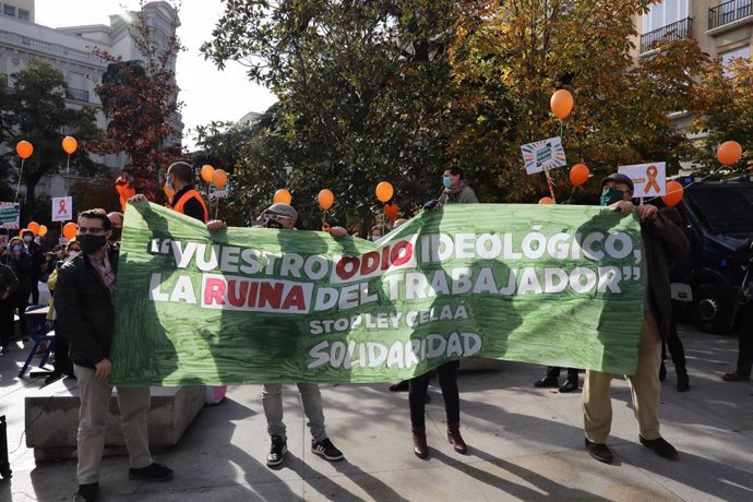 Varias personas portan globos naranjas y una pancarta durante una nueva concentración convocada ante el Congreso contra la LOMLOE, la reforma de la ley educativa conocida como 'ley Celaá', en Madrid