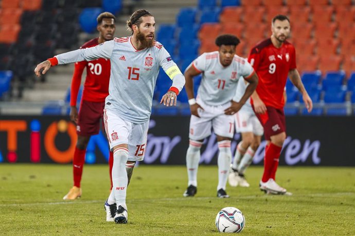 14 November 2020, Switzerland, Basel: Spain's Sergio Ramos kicks a penalty during the UEFA Nations League Group D soccer match between Switzerland and Spain at St. Jakob-Park. Photo: Indira/DAX via ZUMA Wire/dpa