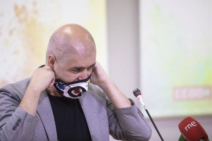 rueda de prensa del secretario general de CCOO, Unai Sordo, para analizar la situación laboral, económica y social de España y Andalucía. En Sevilla (Andalucía, España), a 22 de octubre de 2020.