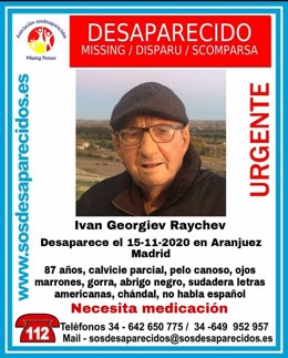 Desaparece un hombre de 87 años en Aranjuez que necesita medicación